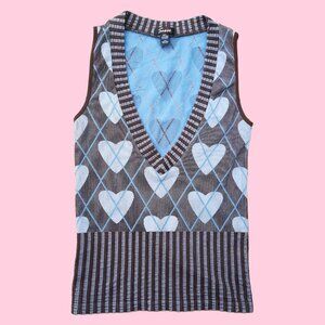 Y2K Argyle Vest Top Womens Size M Heart Print Coquette Dollette Academia